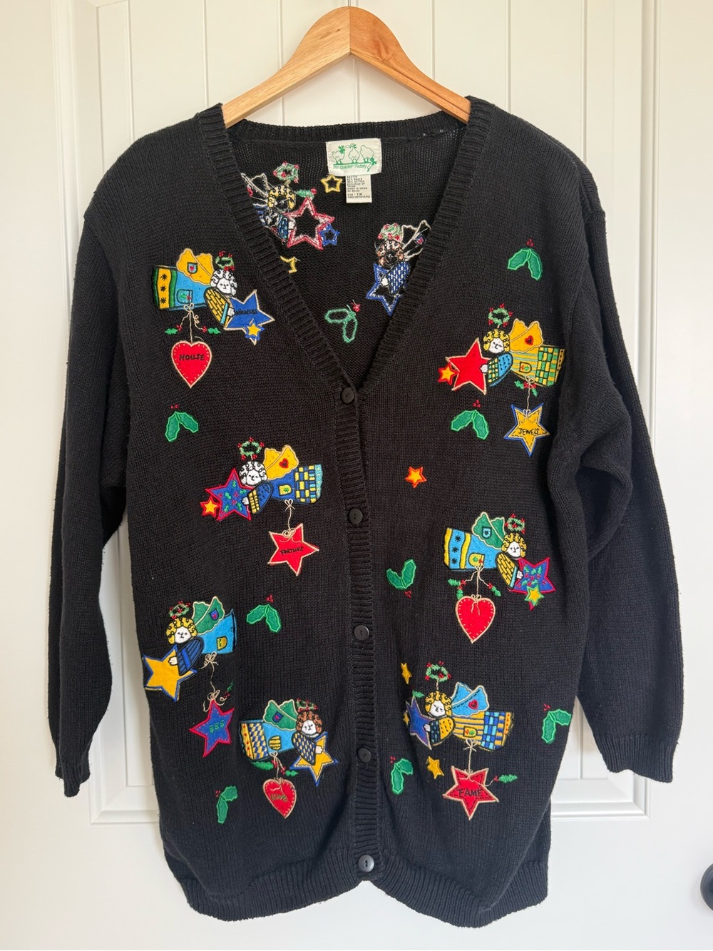 VTG The Quacker Factory Angel Heart Star Embroidered Cardigan Sweater Black 1X